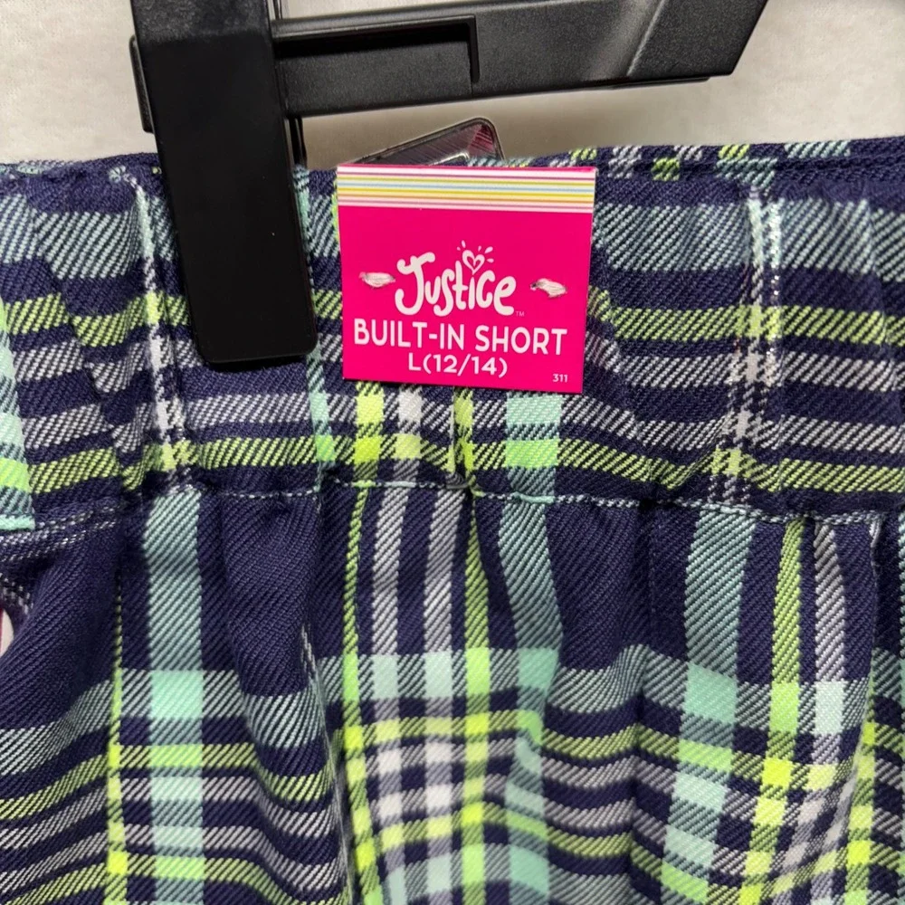 Justice Plaid Pleated Skirt Built-In Shorts Kids L 12 14 Girls Navy Green Yellow